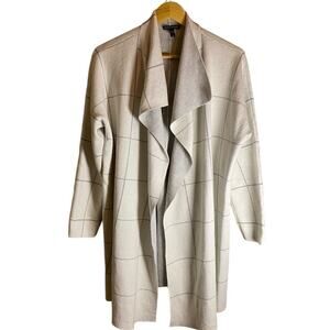 Eileen Fisher Organic Cotton White Gray Windowpane Open Sweater Size L